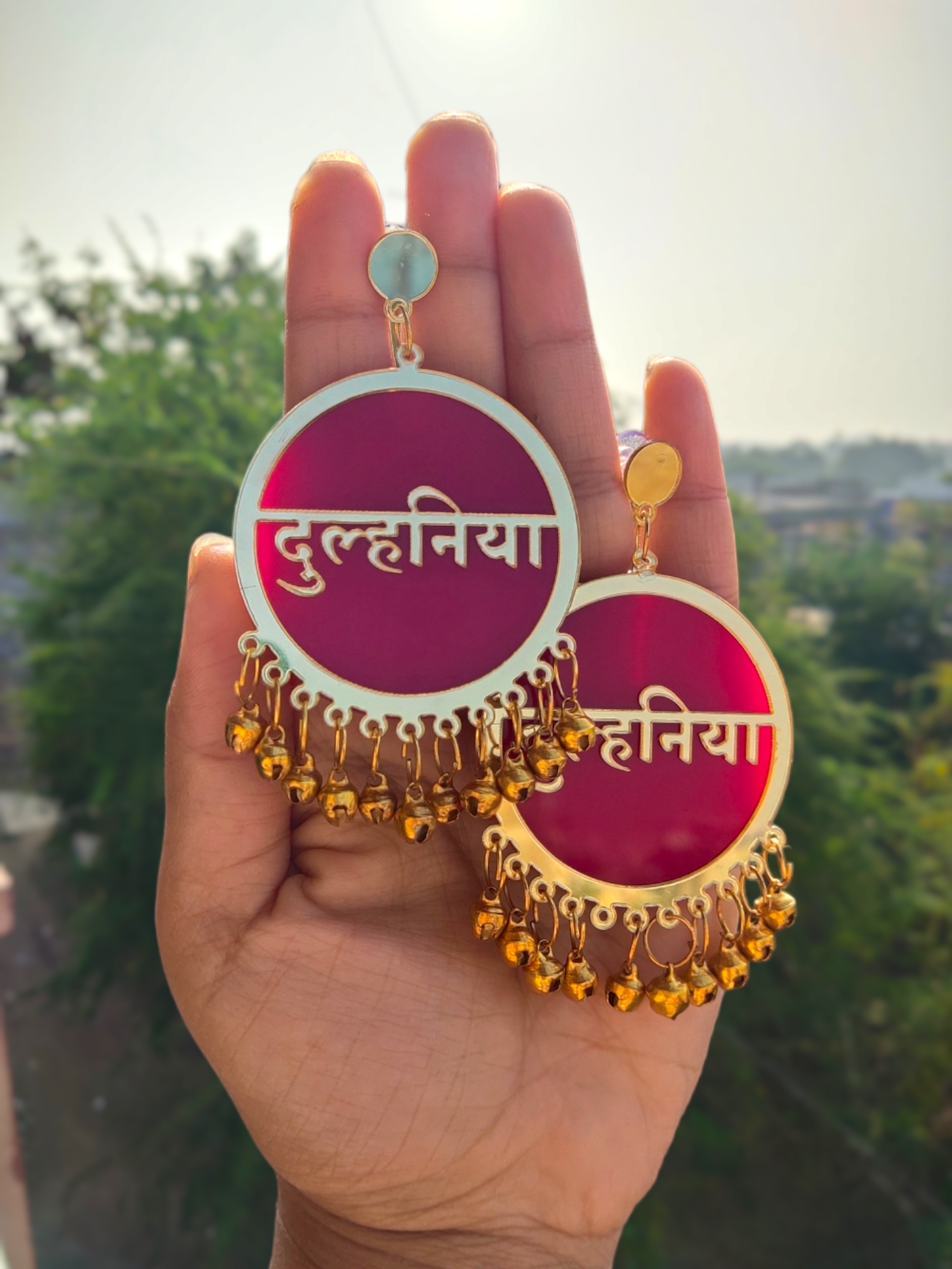 Dulhaniya Earrings for Haldi, Mehndi. Dulhaniya text written in earrings in Dark Pink color
