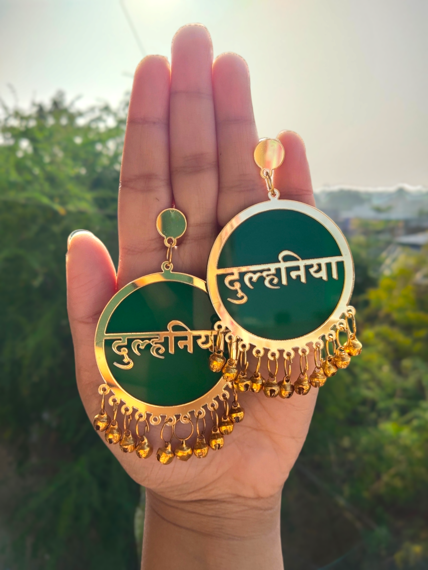 Dulhaniya Earrings for Haldi, Mehndi. Dulhaniya text written in earrings in Green color