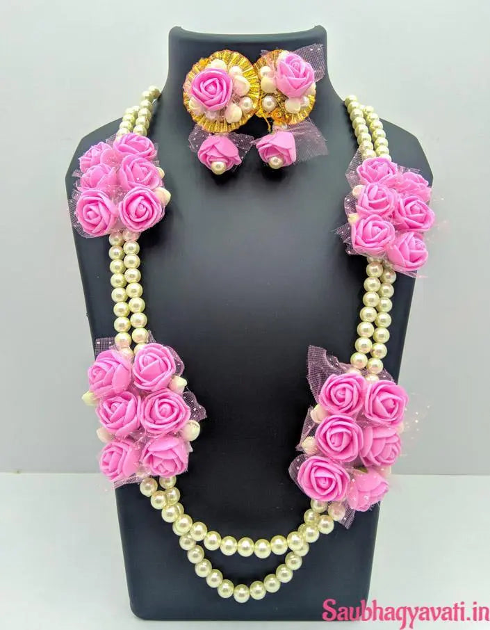 Pink Floral Jewellery Set with Pearl Beads Saubhagyavati.in