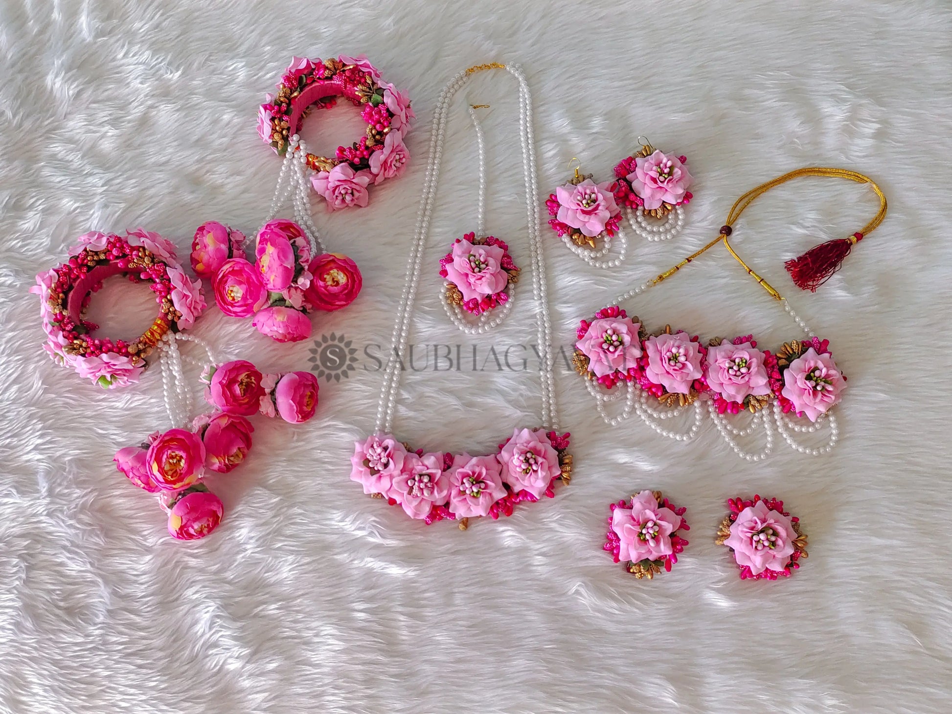 Pink Rose Flower Jewellery Set With Kaleera for Haldi and Wedding Saubhagyavati.in