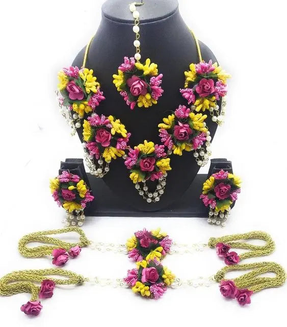 Pink Yellow flower jewellery for haldi/baby shower Saubhagyavati.in