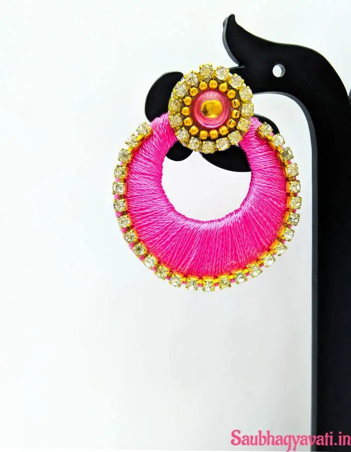 Pink & Olive Colour Round Silk Thread Earring With Golden Stone Stude Saubhagyavati.in