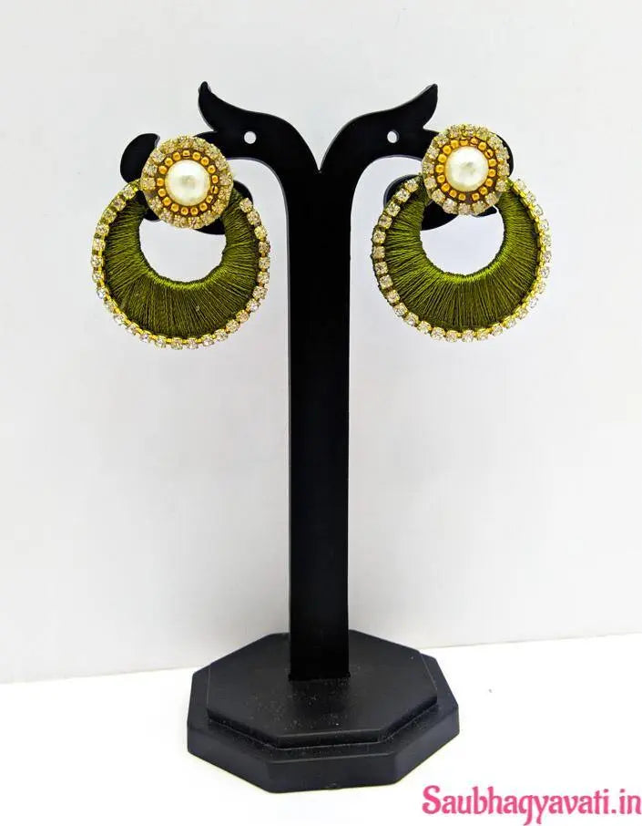 Pink & Olive Colour Round Silk Thread Earring With Golden Stone Stude Saubhagyavati.in
