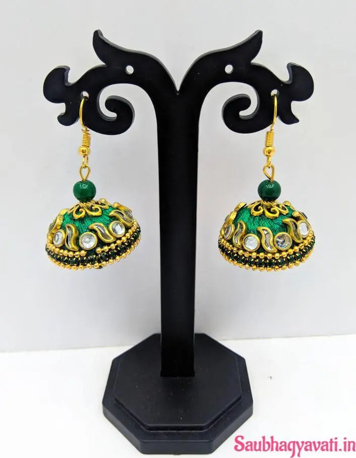 Pink, Green & Red Colour With Silk Thread Earrings Fitted With Golden And Silver Kundan Saubhagyavati.in