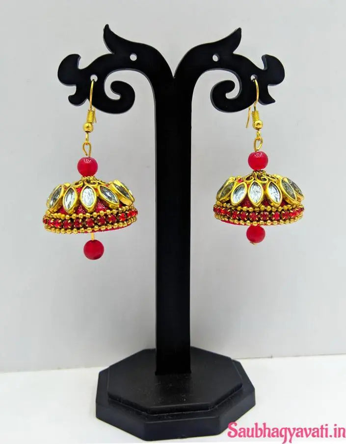 Pink, Green & Red Colour With Silk Thread Earrings Fitted With Golden And Silver Kundan Saubhagyavati.in