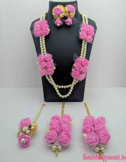 Pink Floral Jewellery Set with Pearl Beads - Saubhagyavati.in