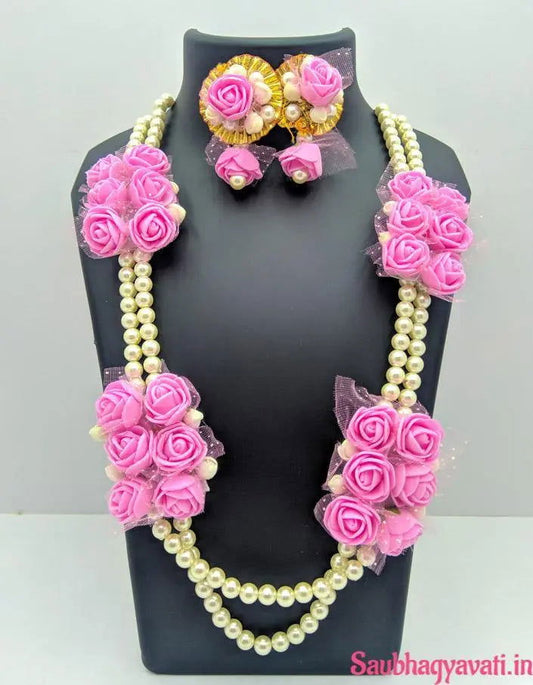 Pink Floral Jewellery Set with Pearl Beads - Saubhagyavati.in