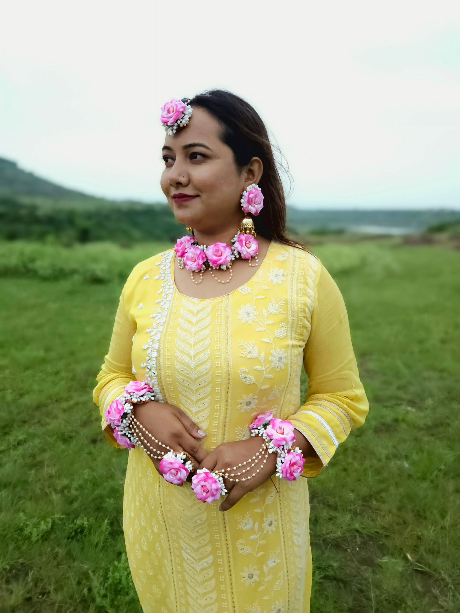 Pink Rose Flower Jewellery Set, For Wedding, Haldi - Saubhagyavati.in