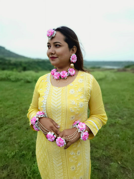 Pink Rose Flower Jewellery Set, For Wedding, Haldi - Saubhagyavati.in