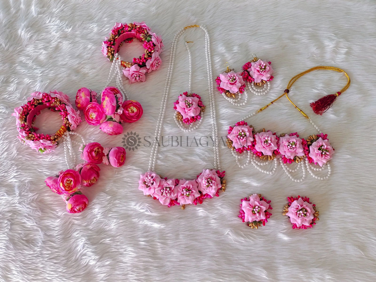 Pink Rose Flower Jewellery Set With Kaleera for Haldi and Wedding - Saubhagyavati.in