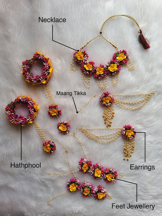 Pink and Yellow Flower Jewellery set for Haldi, Mehndi and Wedding - Saubhagyavati.in