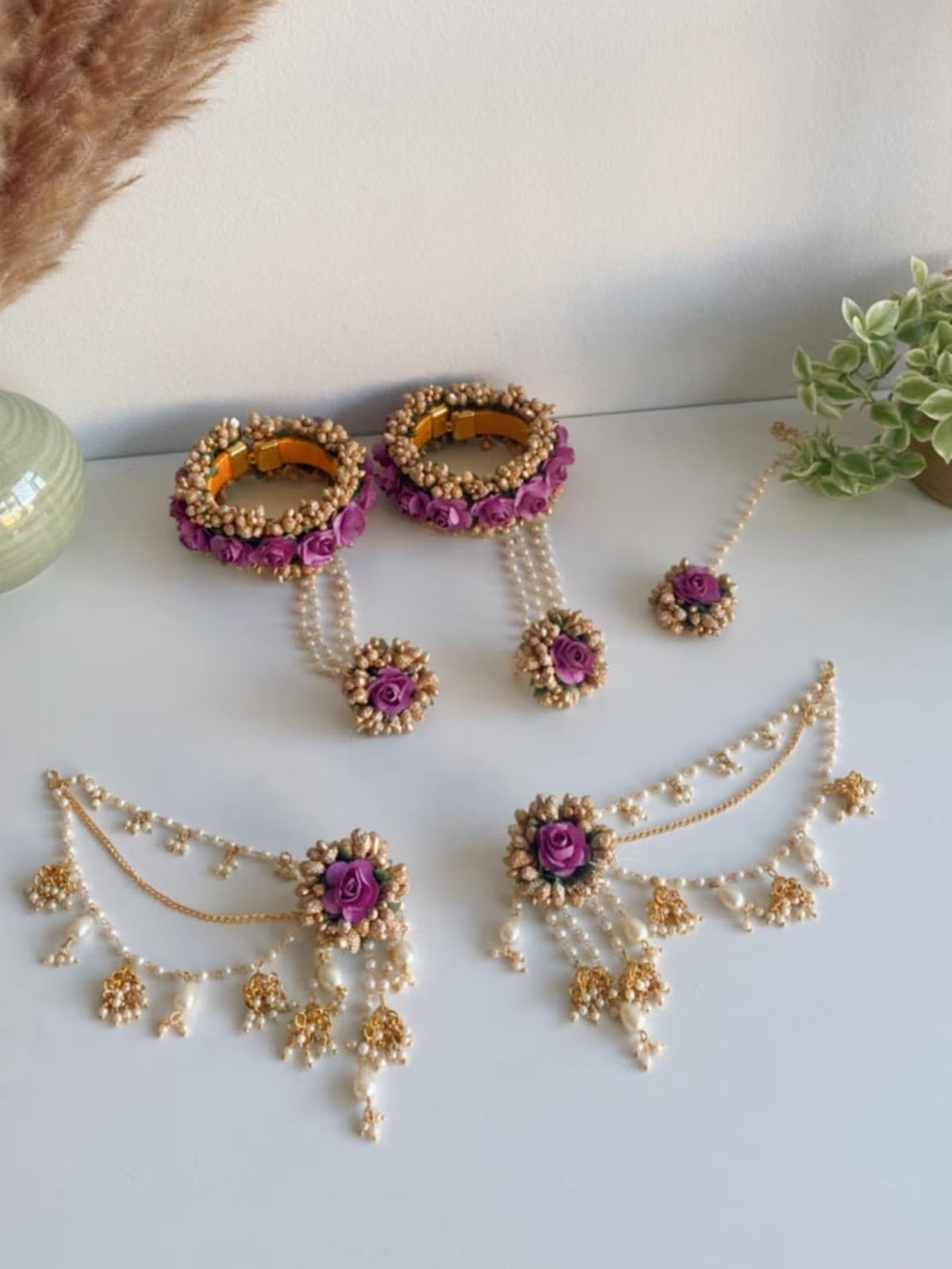 Haldi Mehndi Flower Jewellery Set with Bahubali Earrings floral jewellery for haldi