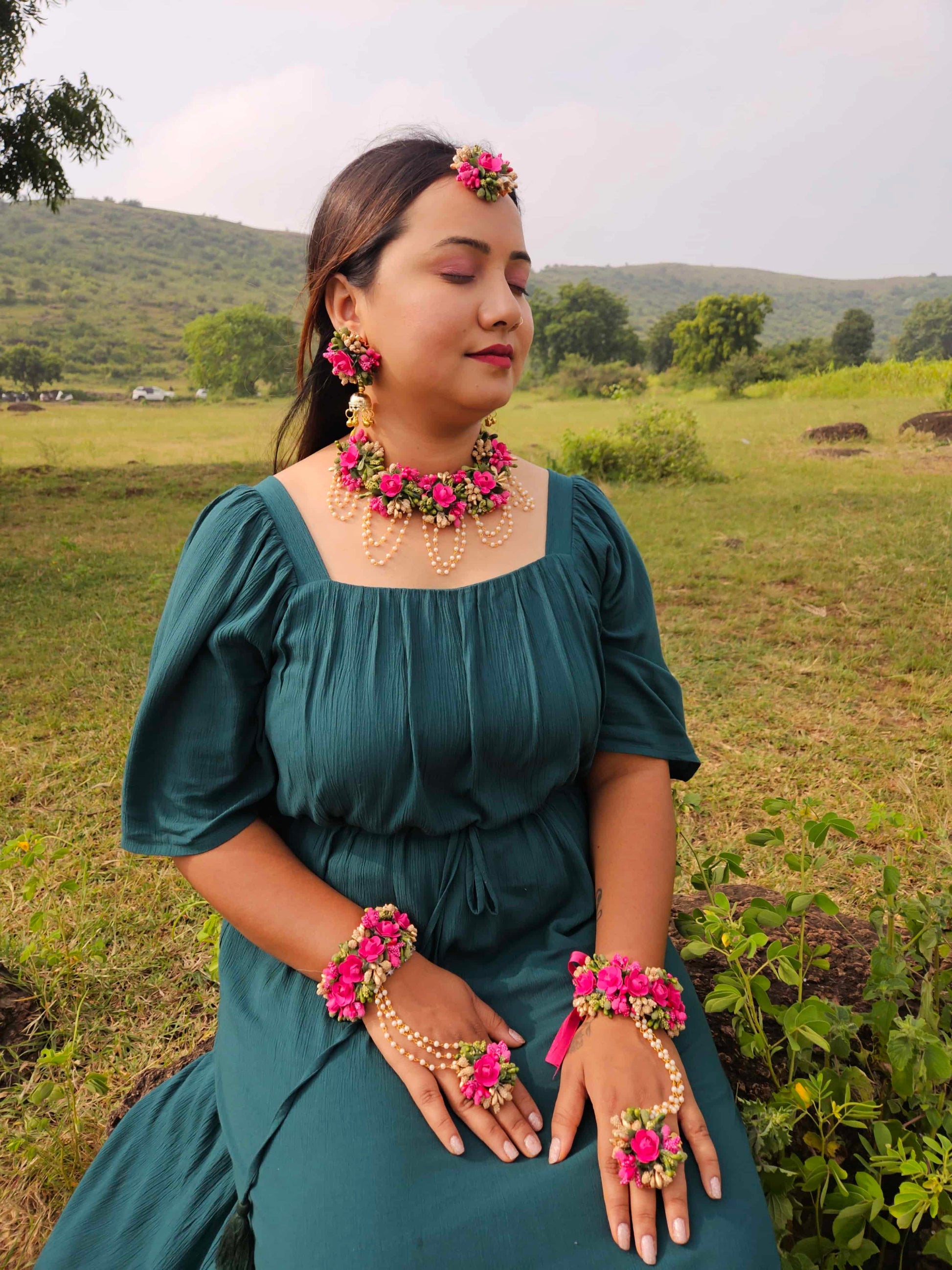 Dark Pink Floral Jewelry Set – Flower Jewelry for Weddings, Haldi & Mehndi