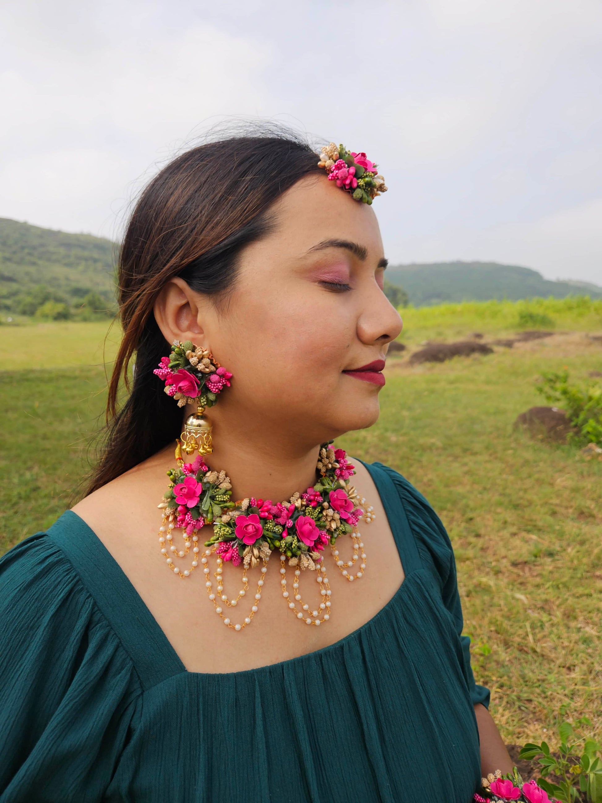 Dark Pink Floral Jewelry Set – Flower Jewelry for Weddings, Haldi & Mehndi