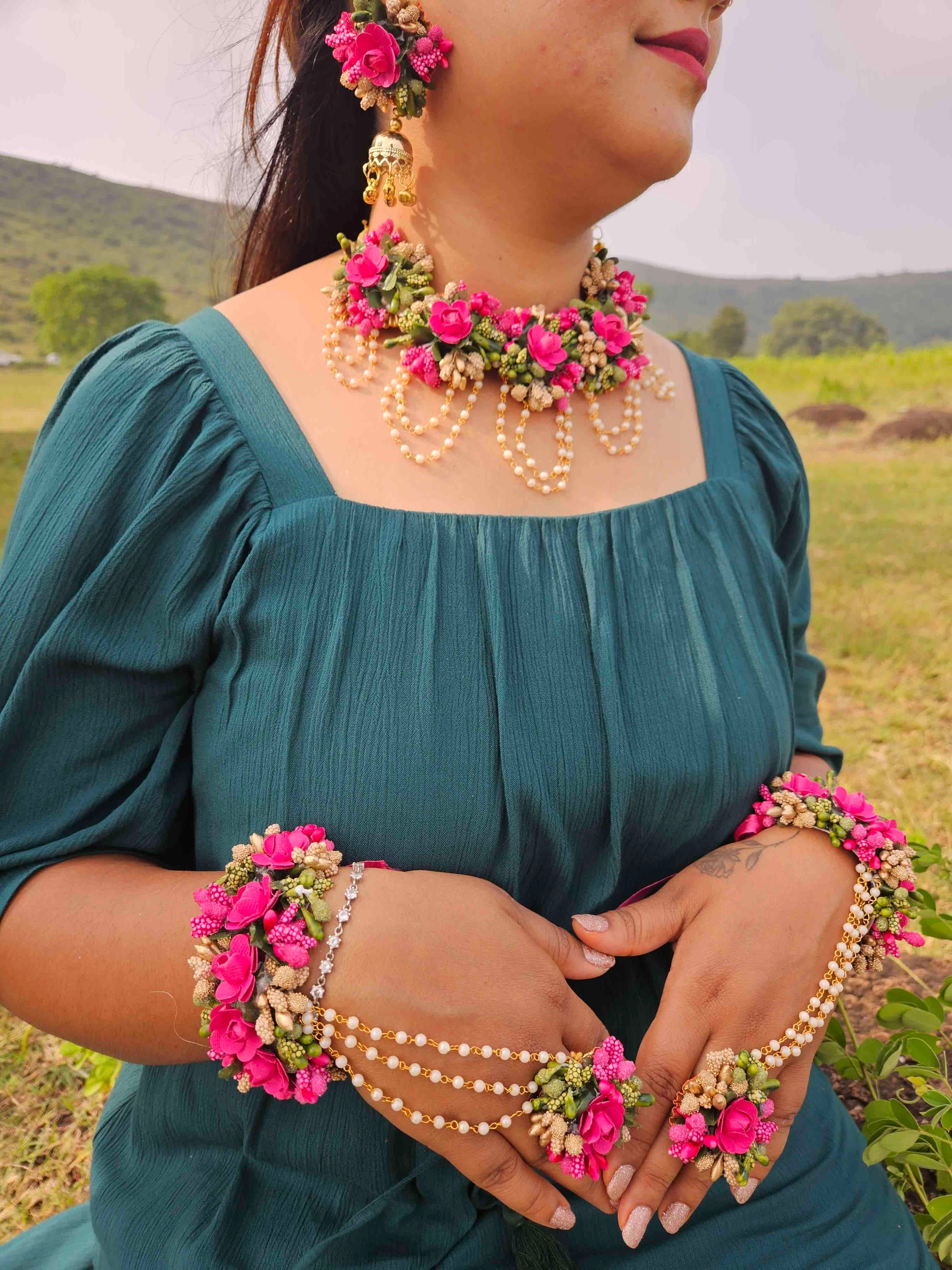 Dark Pink Floral Jewelry Set – Flower Jewelry for Weddings, Haldi & Mehndi