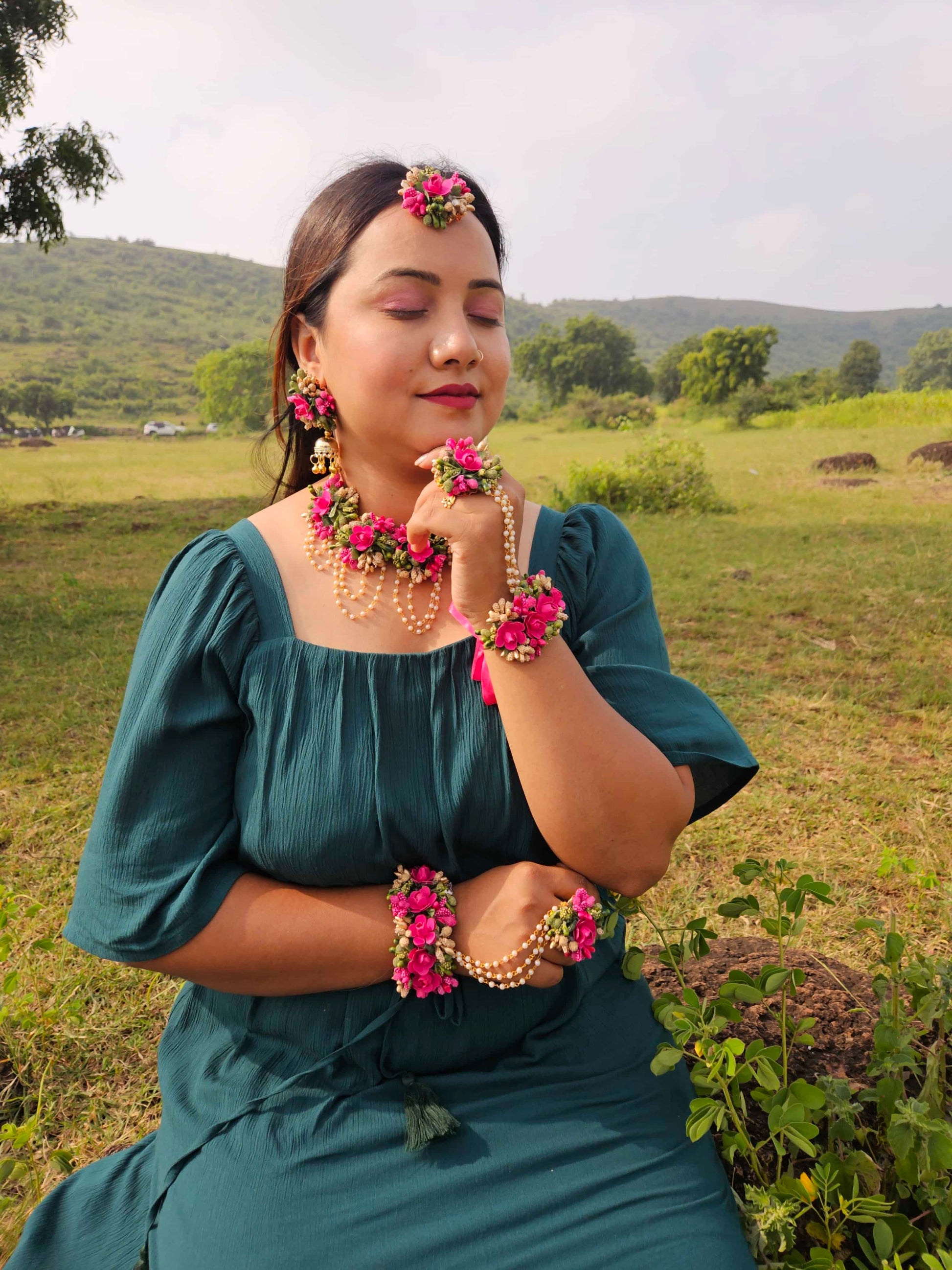 Dark Pink Floral Jewelry Set – Flower Jewelry for Weddings, Haldi & Mehndi