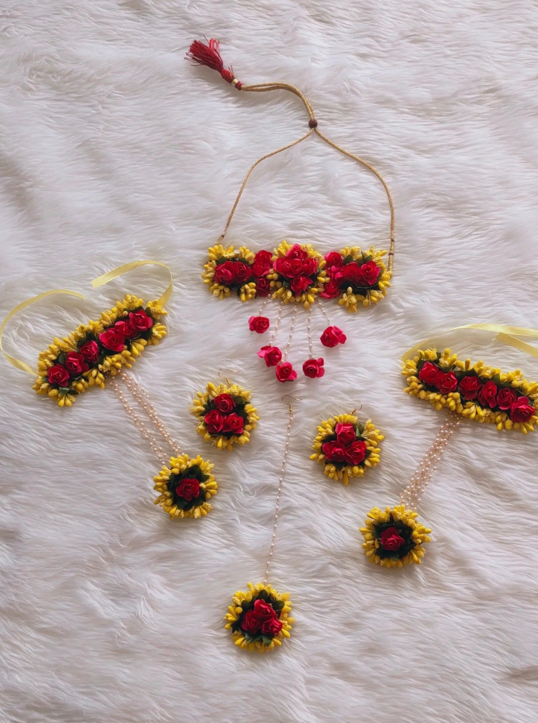 Red with yellow flower jewellery for haldi / baby shower