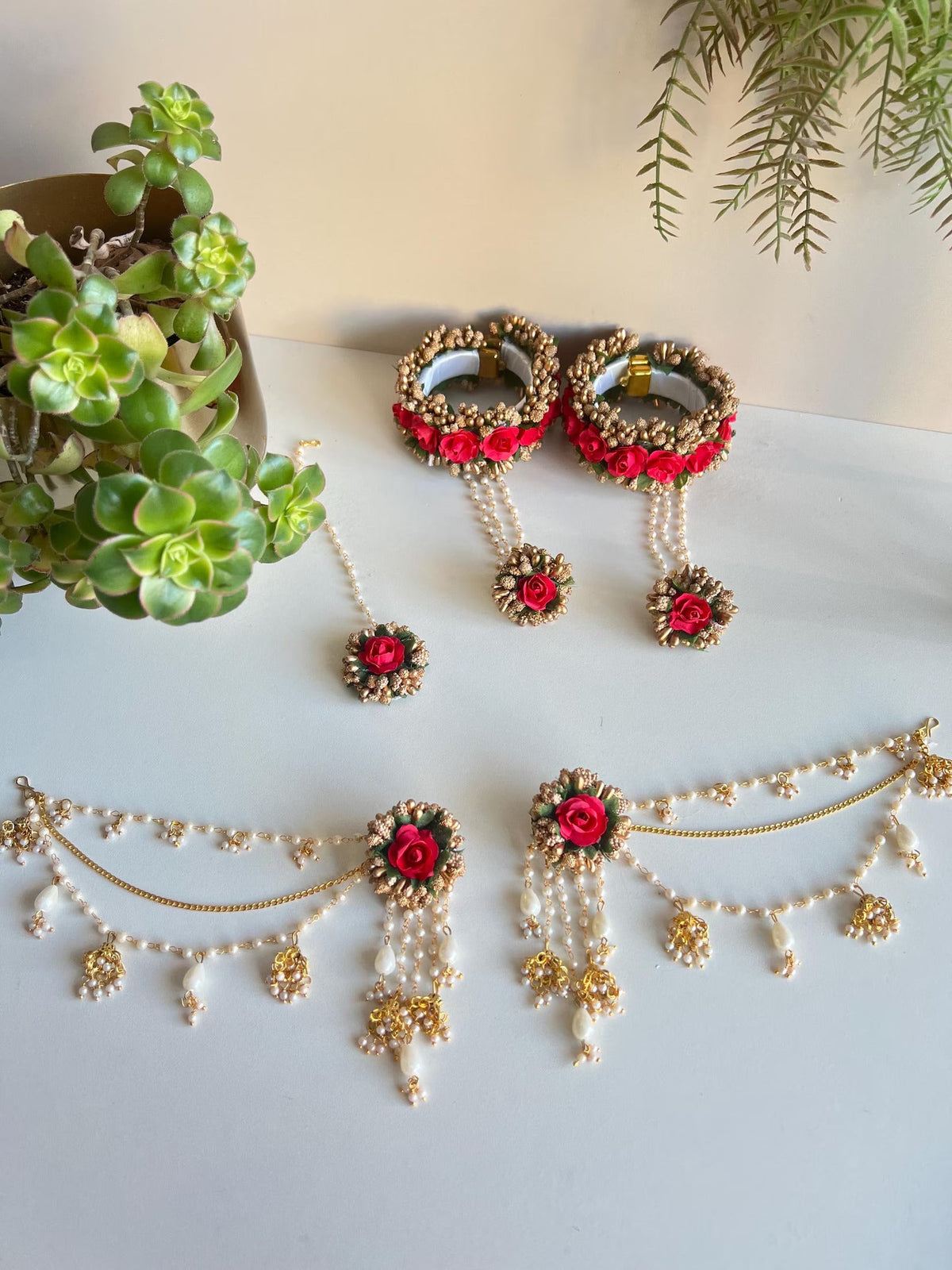 Haldi Mehndi Flower Jewellery Set with Bahubali Earrings floral jewellery for haldi