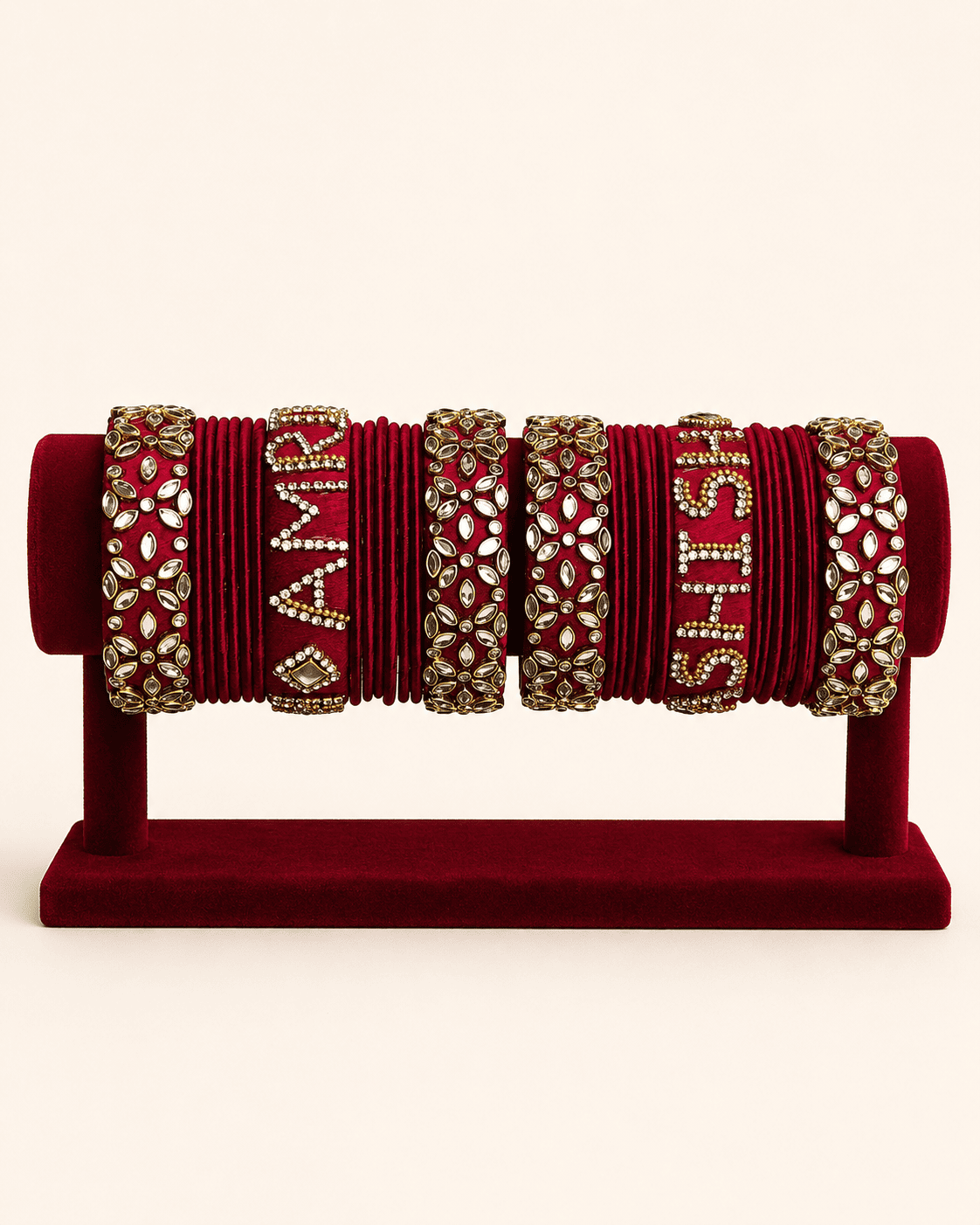 Red Maroon Silk Thread Bridal Bangles Set with Customised Name & Stone Work