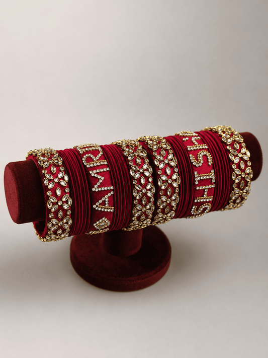 Red Maroon Silk Thread Bridal Bangles Set with Customised Name & Stone Work