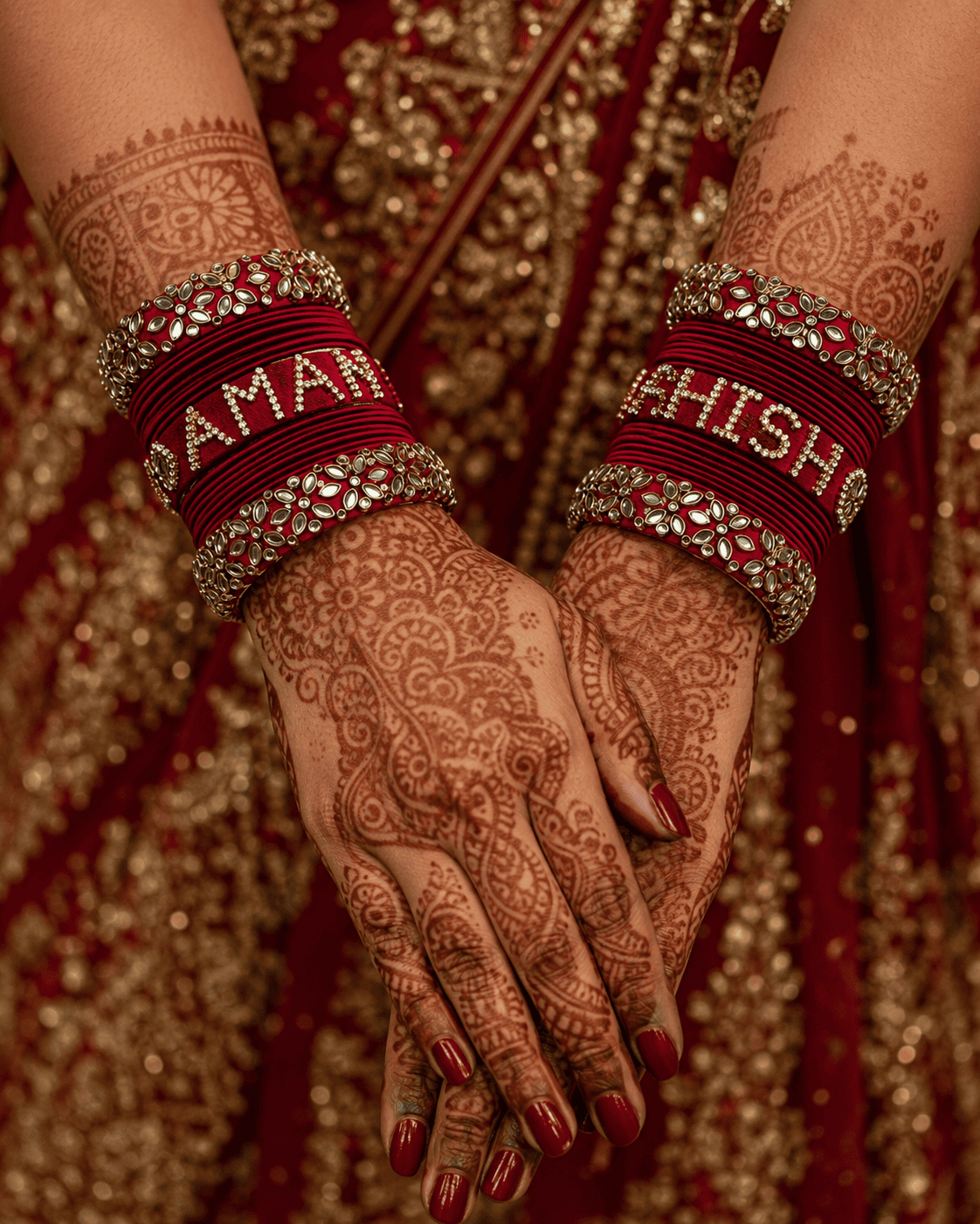 Red Maroon Silk Thread Bridal Bangles Set with Customised Name & Stone Work