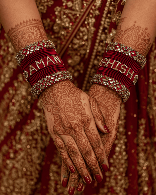 Red Maroon Silk Thread Bridal Bangles Set with Customised Name & Stone Work