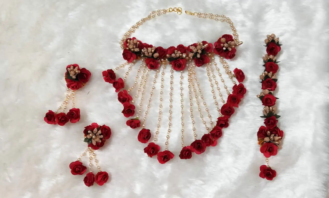 Red Flower Jewellery Necklace with Earring and mangtika - Saubhagyavati.in