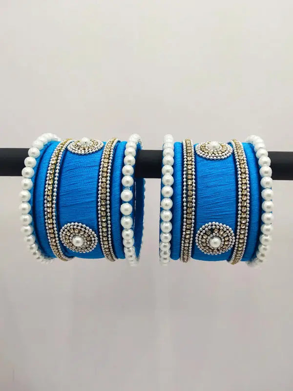 Sky Blue Silk Thread Bangles With Pearl - Saubhagyavati.in