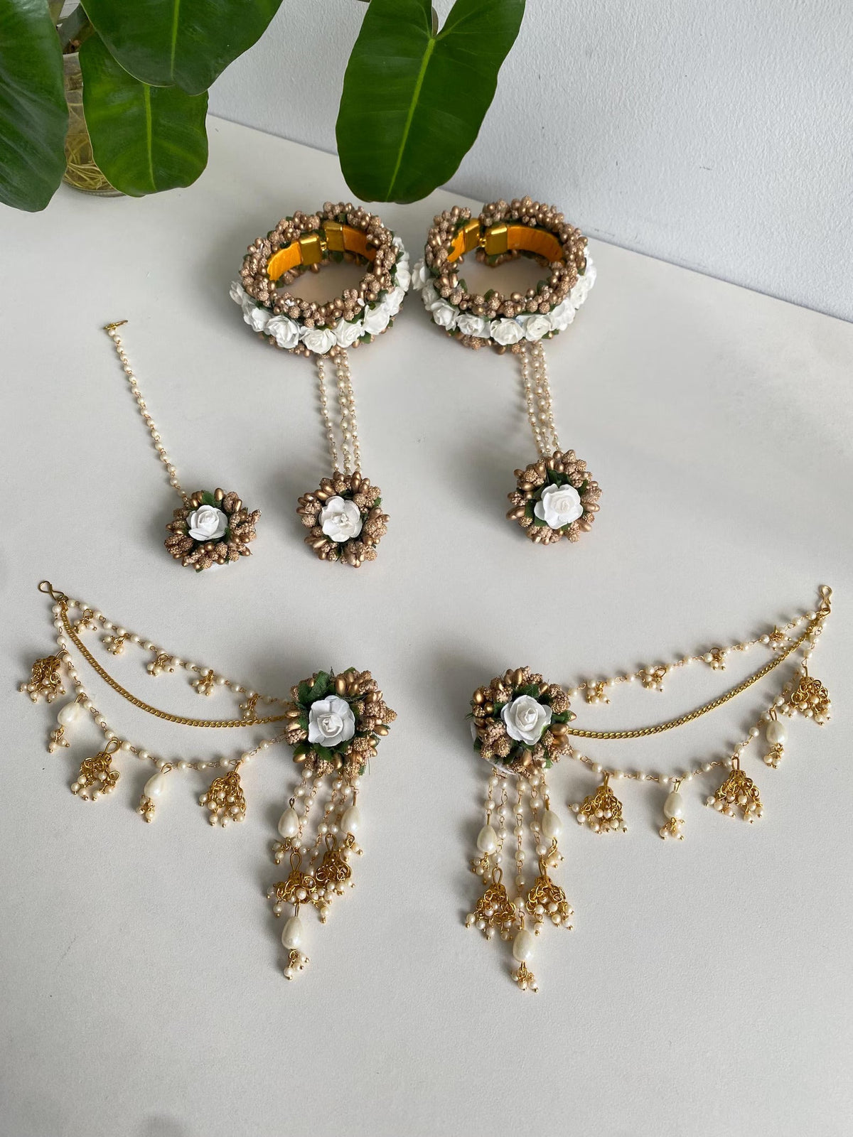 Haldi Mehndi Flower Jewellery Set with Bahubali Earrings floral jewellery for haldi