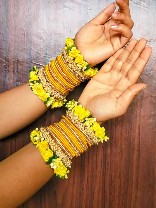 Yellow Silk Thread Flower Bangle Set with Loreal Bangles - Saubhagyavati.in