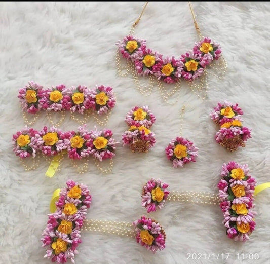 Yellow & Pink Flower Jewelry Set For Brides/ haldi/mehandi/ baby shower