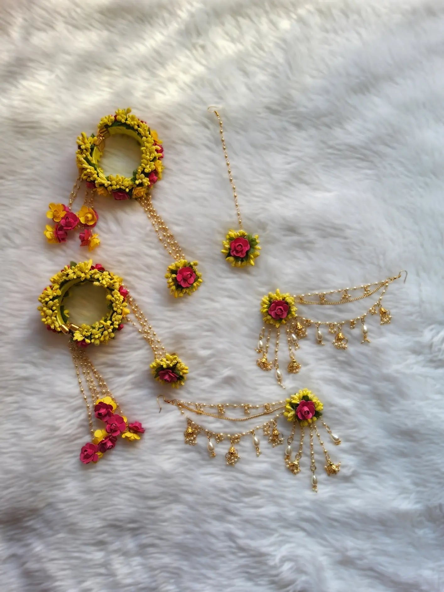 Yellow Flower Jewellery Set with Traditional kalire/kaleera for Haldi Ceremony