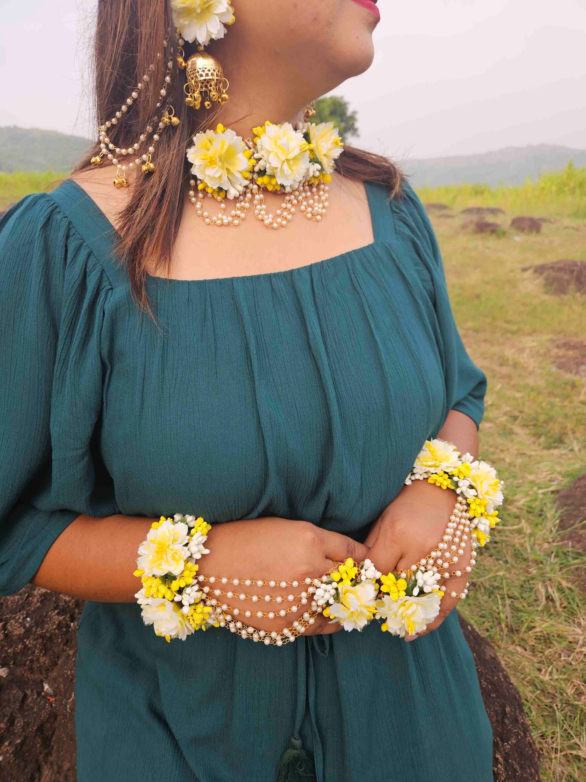 Best Yellow Flower Jewelry Set for Haldi, Mehndi & Weddings – Handmade Bridal Floral Jewellery