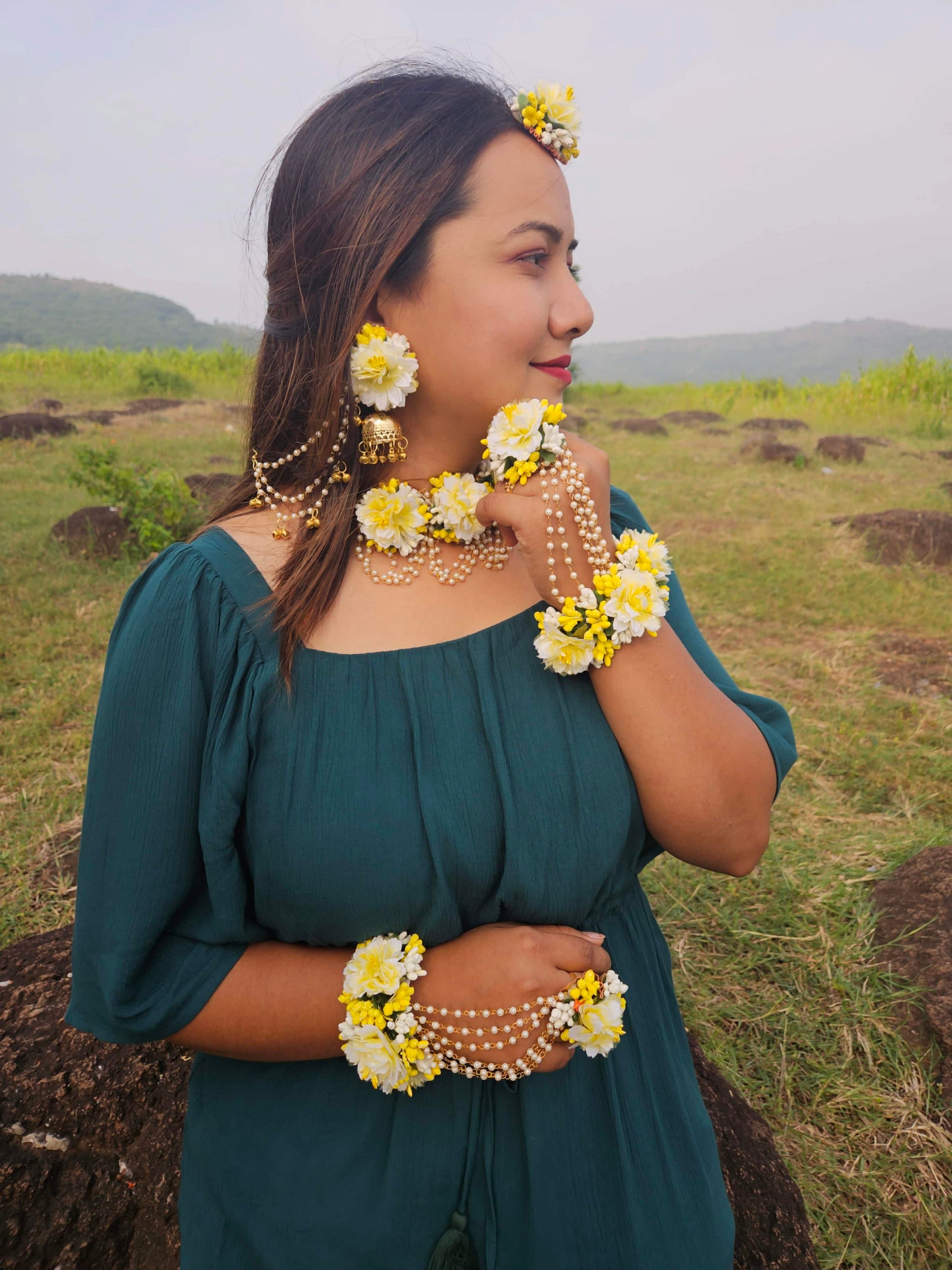 Best Yellow Flower Jewelry Set for Haldi, Mehndi & Weddings – Handmade Bridal Floral Jewellery