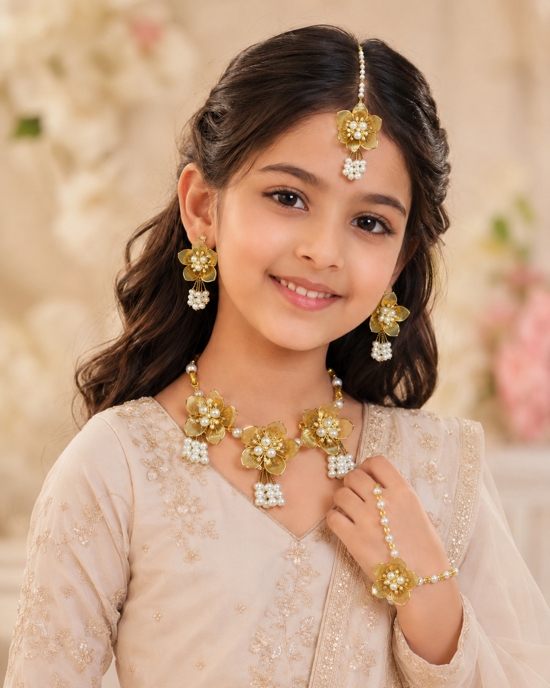 Yellow acrylic floral jewellery set for kids alternate angle 2 - SKU FJ-05-2388