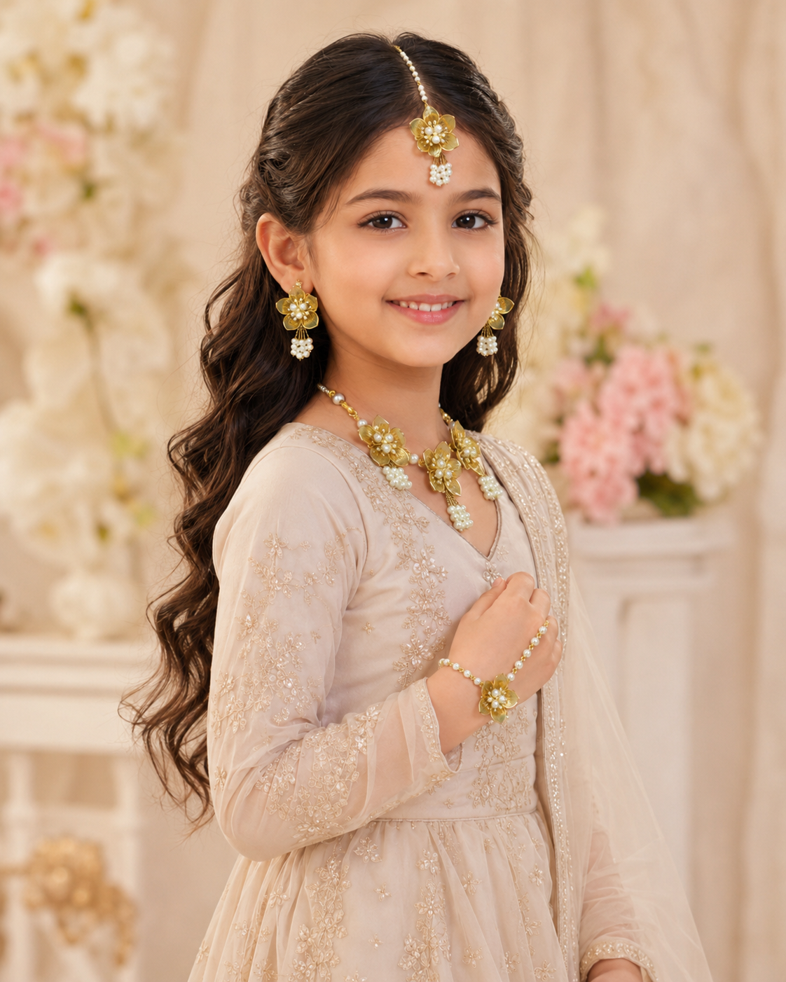 Yellow acrylic floral jewellery set for kids alternate angle 3 - SKU FJ-05-2388