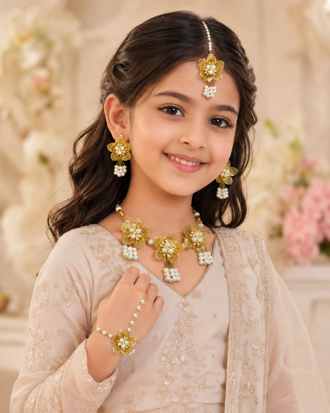 Yellow acrylic floral jewellery set for kids alternate angle 4 - SKU FJ-05-2388