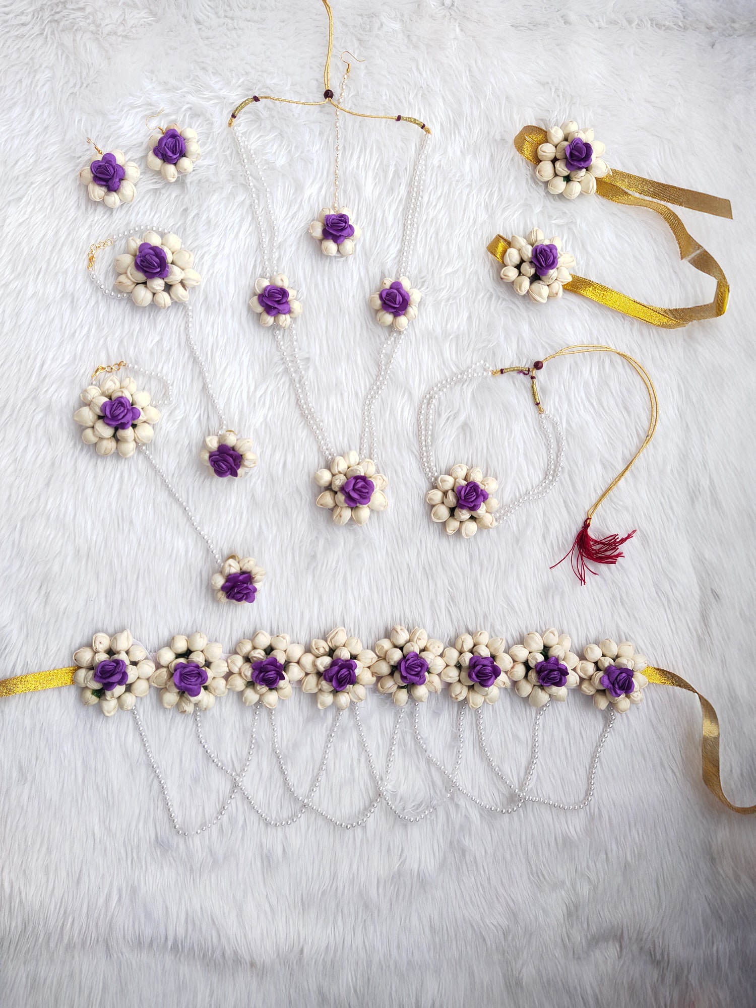 Mogra kali flower jewelry set for baby shower in purple Saubhagyavati.in