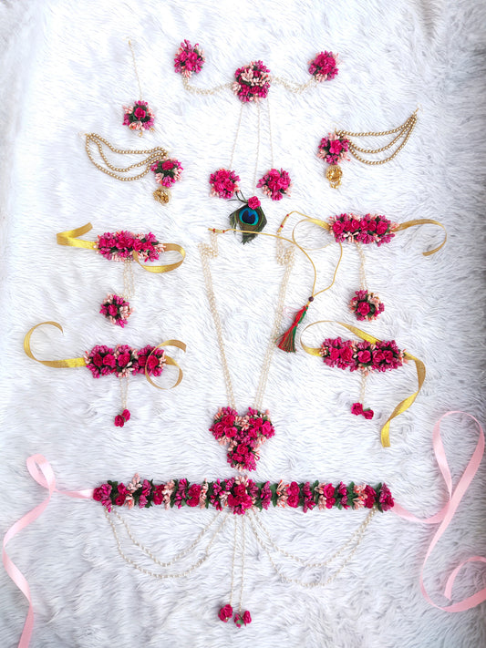 Baby shower and godh bharai artificial flower jewellery set in pink and peach Saubhagyavati.in