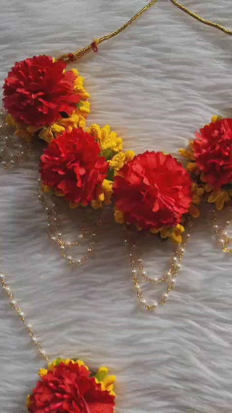 Red and yellow blossom haldi jewellery