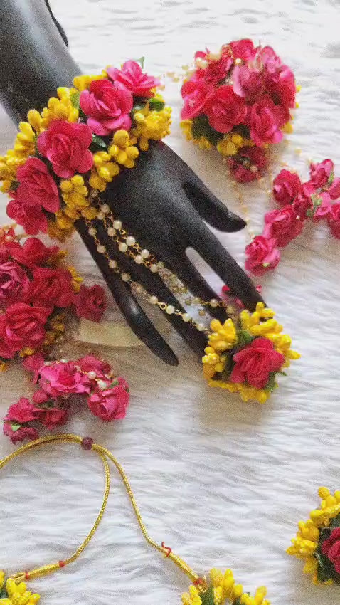 Fusion Jewelry for Baby Shower and Haldi Jewelry with Yellow and dark pink colour