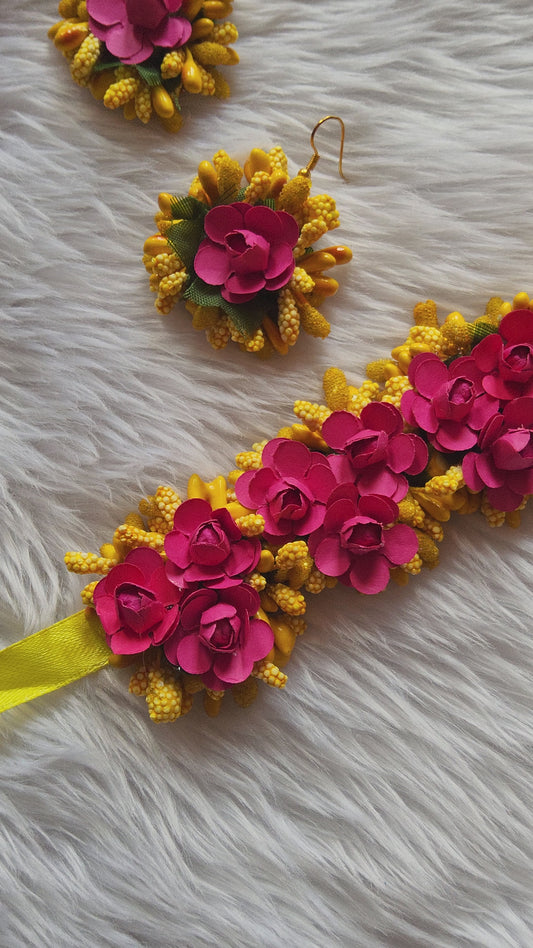 Vibrant yellow and pink color flower jewellery set for haldi