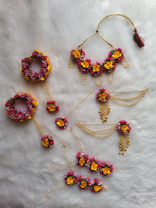 Pink and Yellow Flower Jewellery set for Haldi, Mehndi and Wedding Saubhagyavati.in