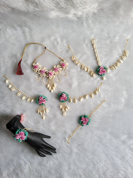 Pink Flower Shells Jewellery Set For Brides Saubhagyavati.in
