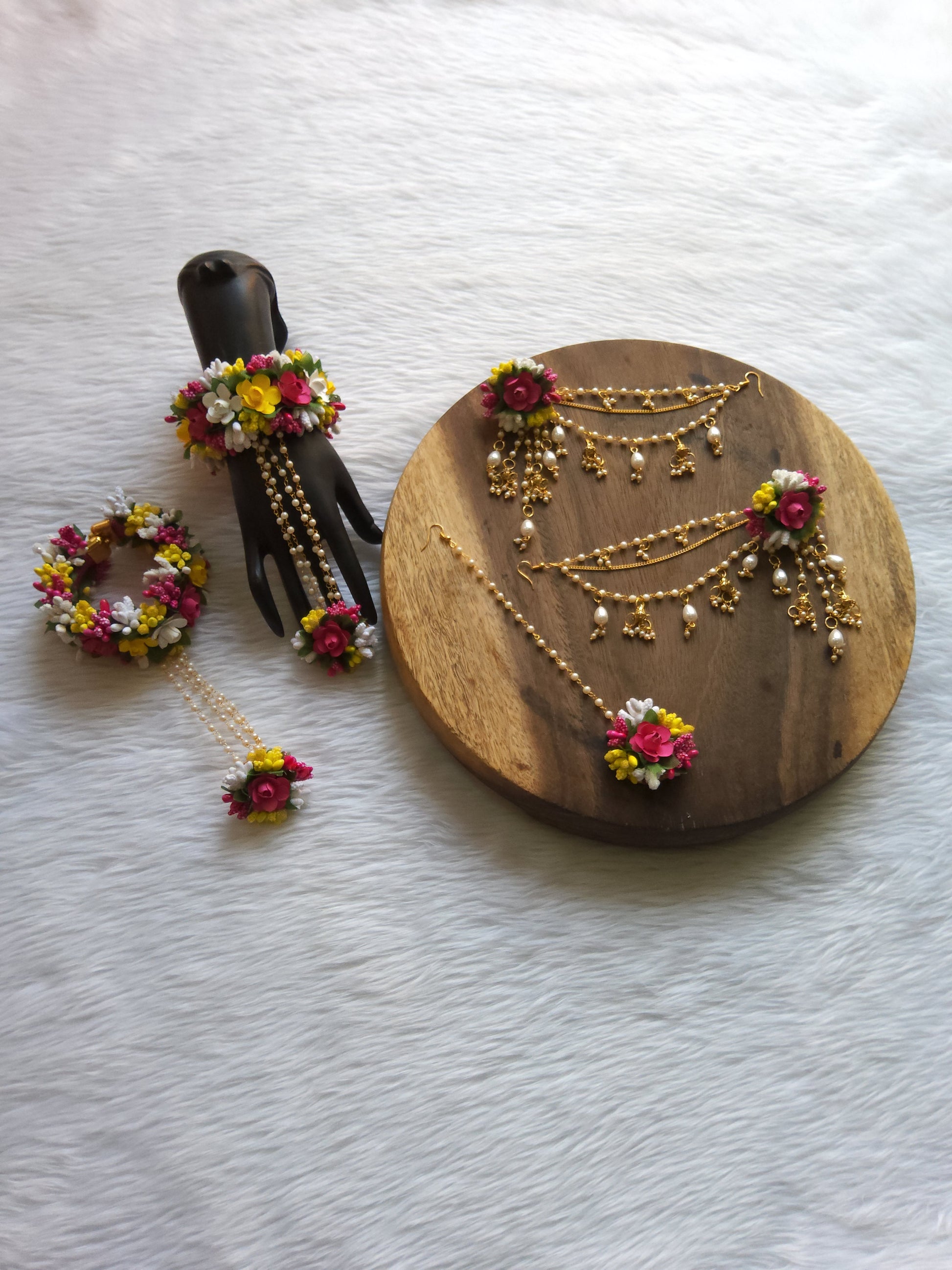 Haldi Mehandi Multicolor Flower Jewellery Set with Bahubali Earrings
