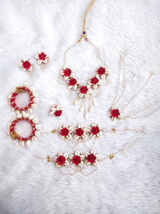 Shell jewellery for Haldi and Baby showers with red flowers