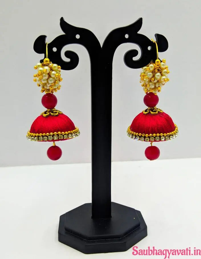 Beautiful New Design Red Silk Thread With Moti Jhumka Earring Saubhagyavati.in