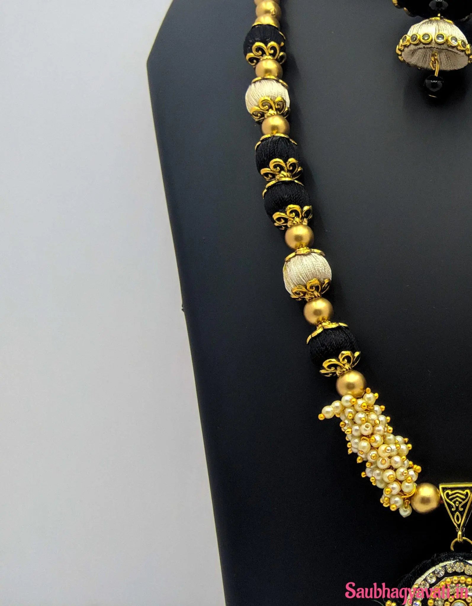 Gold and Black Color Silk Thread Necklace With Matching Peacock Earrings Saubhagyavati.in