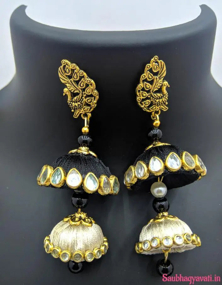 Gold and Black Color Silk Thread Necklace With Matching Peacock Earrings Saubhagyavati.in