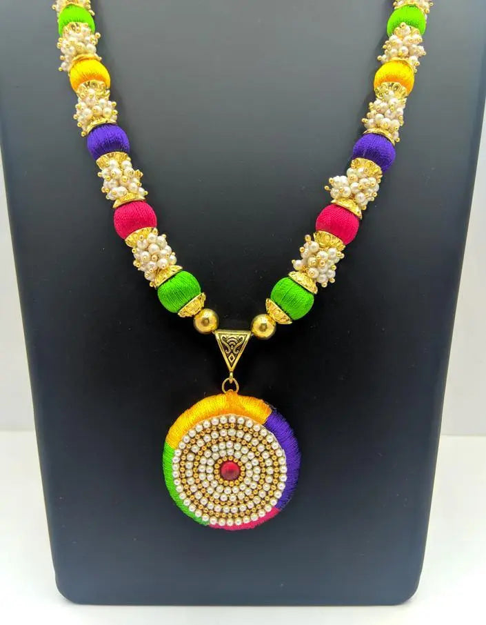 Multicolor Silk Thread Necklace with Loreal Pearl and Matching Earrings Saubhagyavati.in